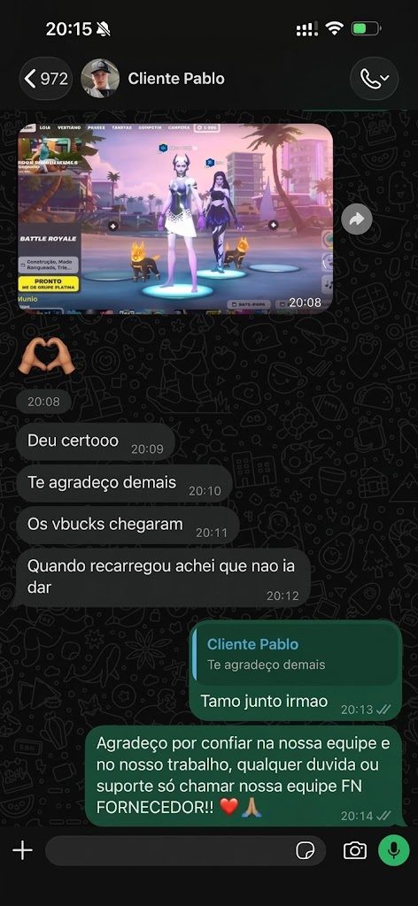 Print do WhatsApp com feedback do cliente Cliente Pablo