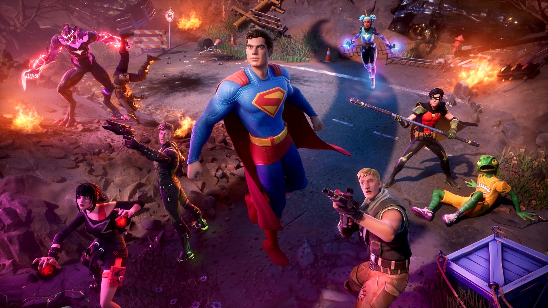 Superman liderando um grupo de personagens de Fortnite