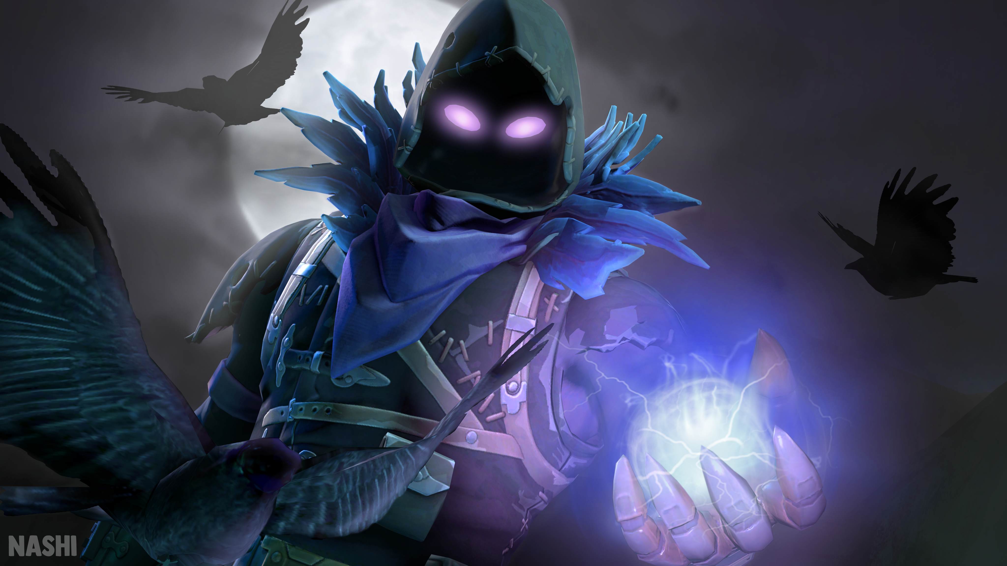 Raven com olhos brilhantes segurando uma esfera de energia