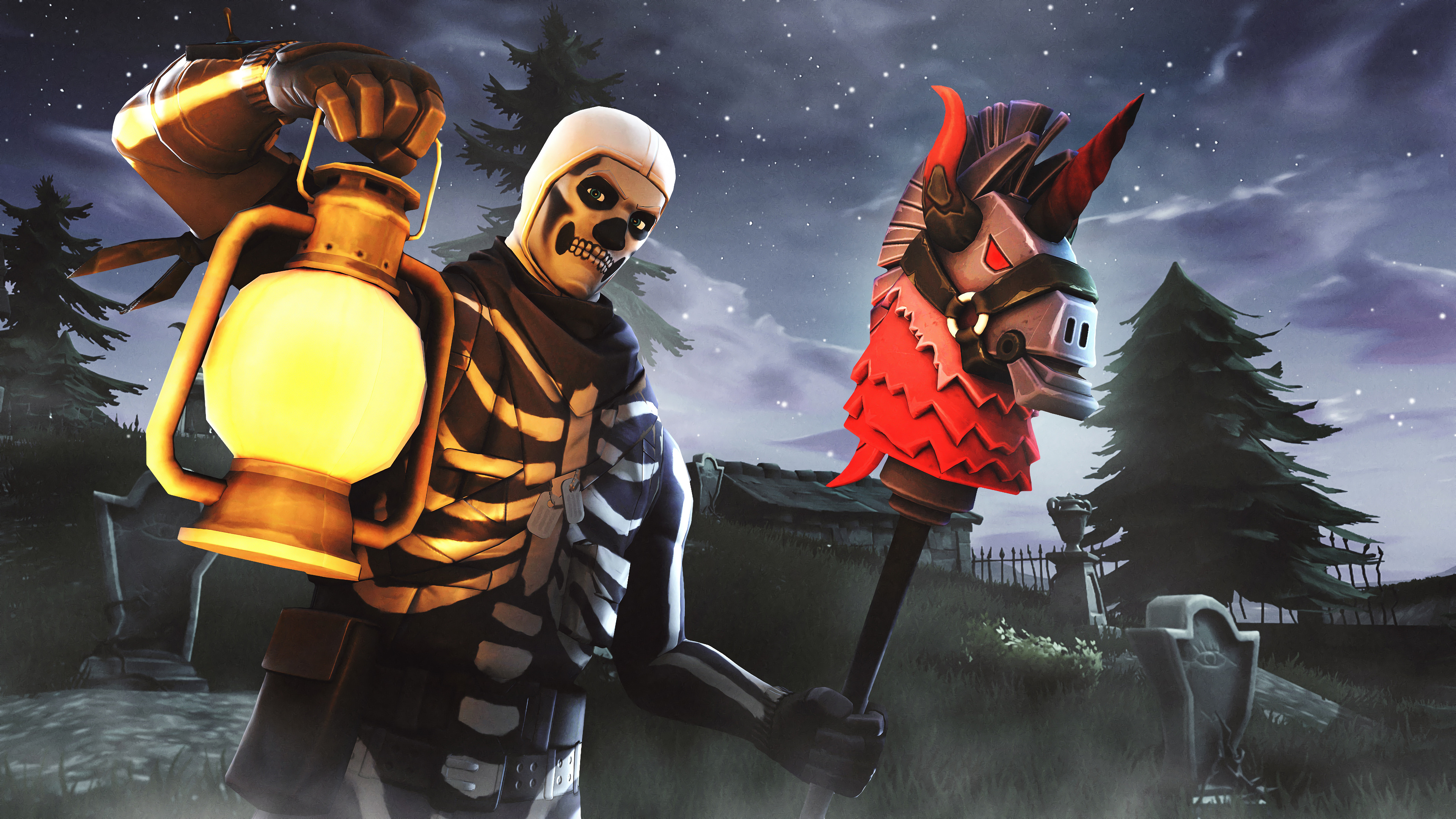 Skull Trooper segurando uma lanterna em um cemitério