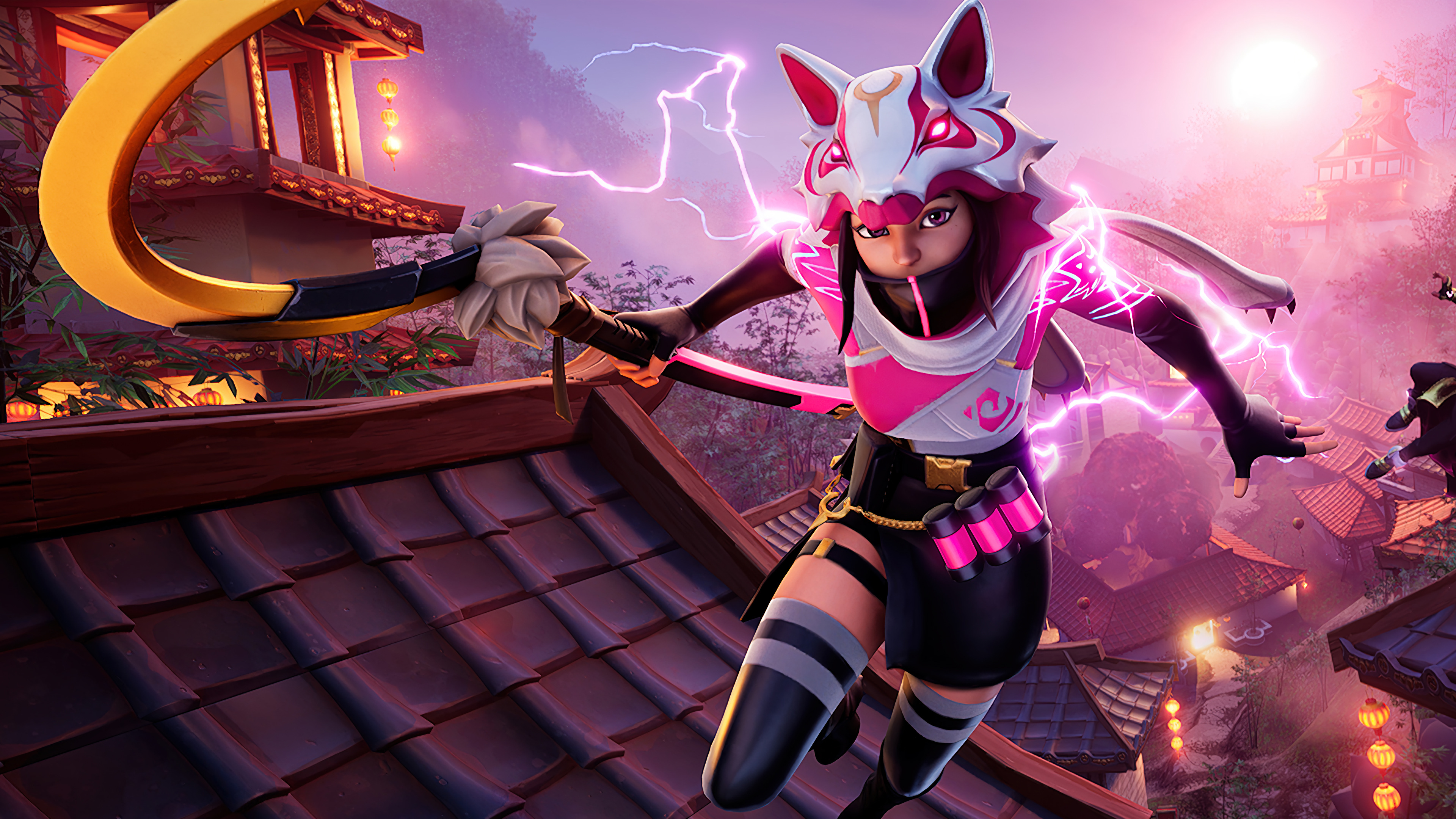 Ninja com máscara de raposa rosa sobre um telhado