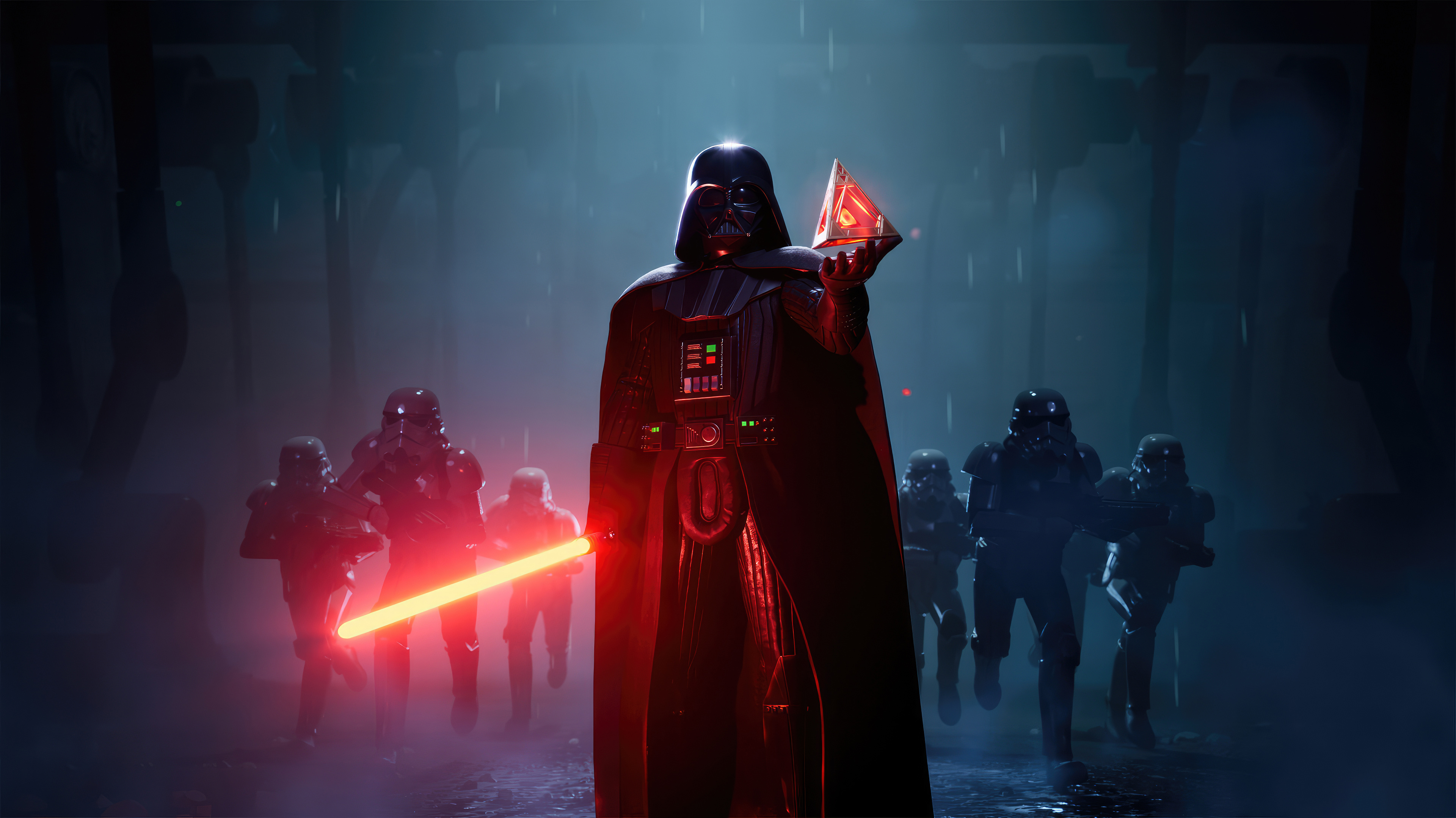 Darth Vader com sabre de luz vermelho e stormtroopers