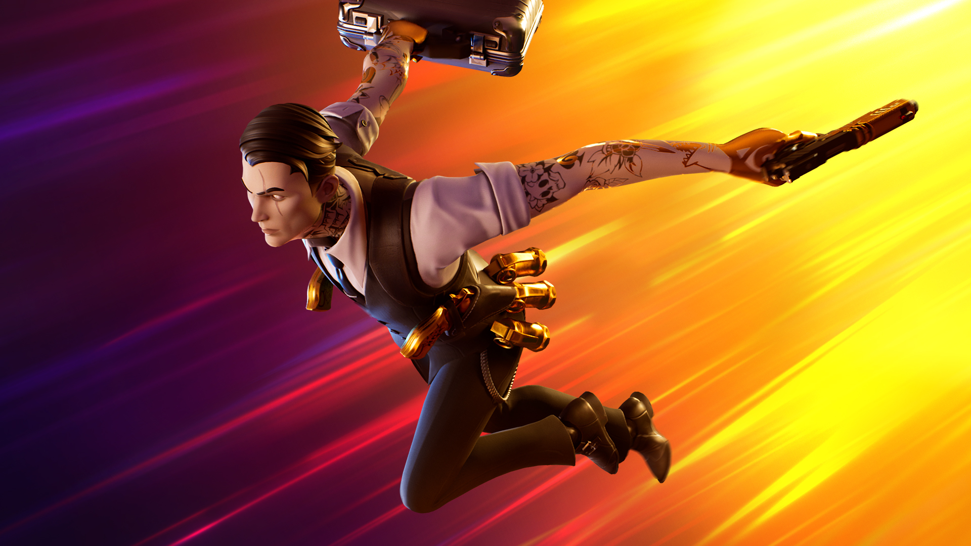 Personagem saltando com maleta e pistola dourada