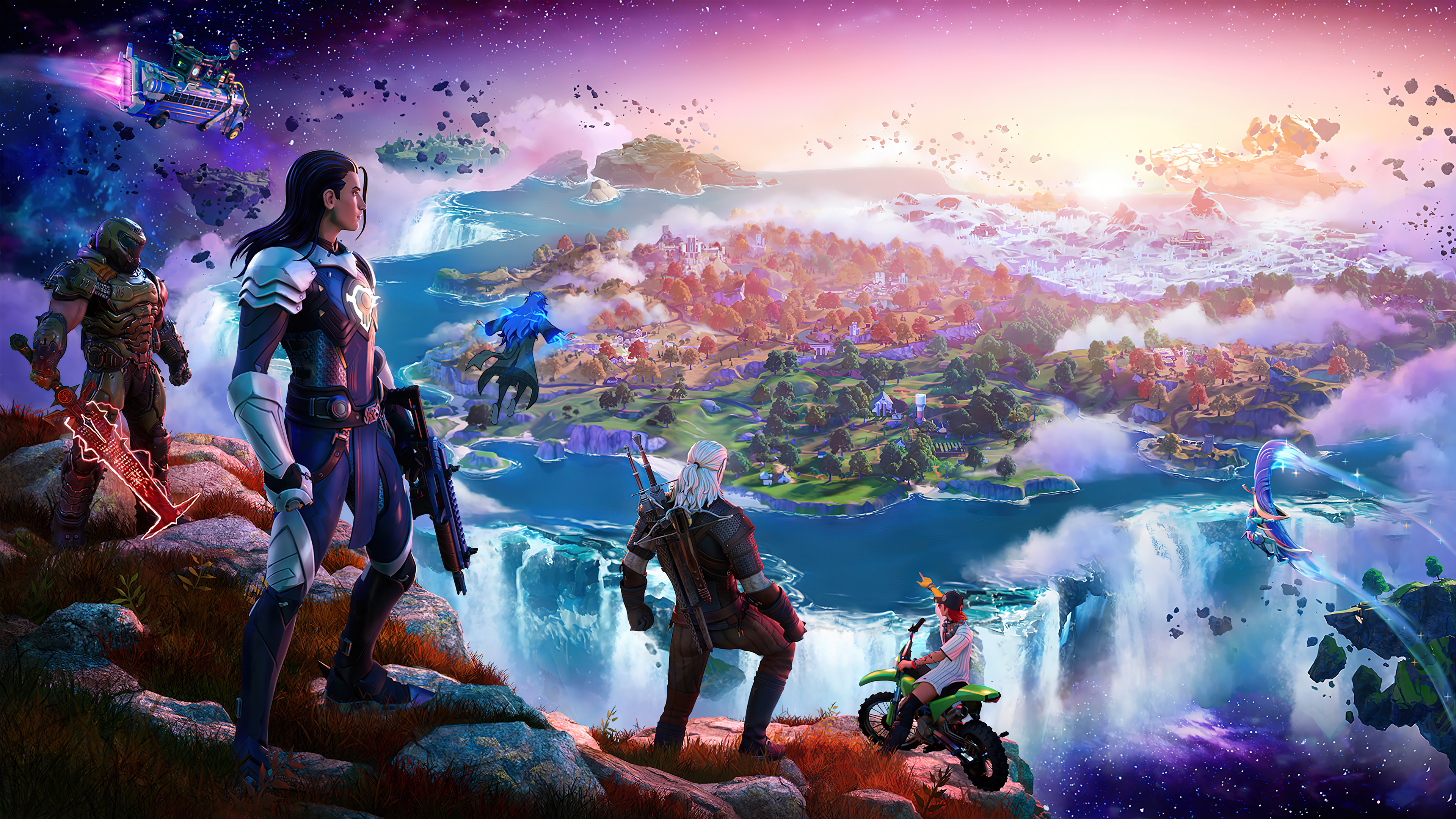 Heróis observando a ilha de Fortnite do alto de um penhasco