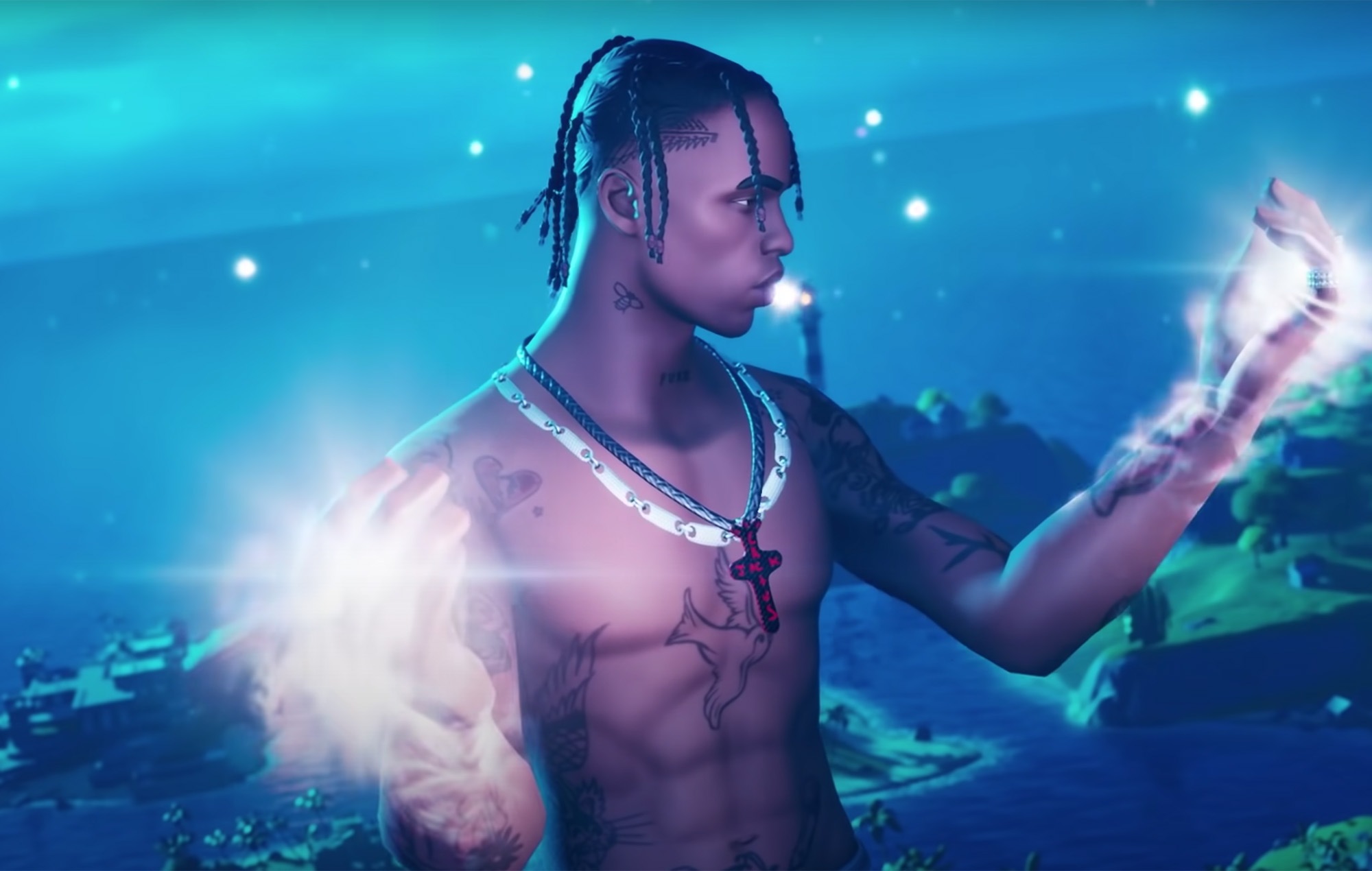 Skin rara de Fortnite com tranças e mãos brilhantes em uma ilha à noite