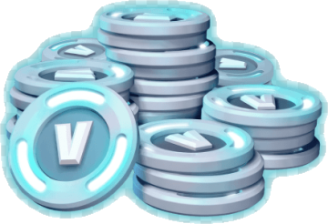 Pilha de moedas V-Bucks prateadas com brilho ciano